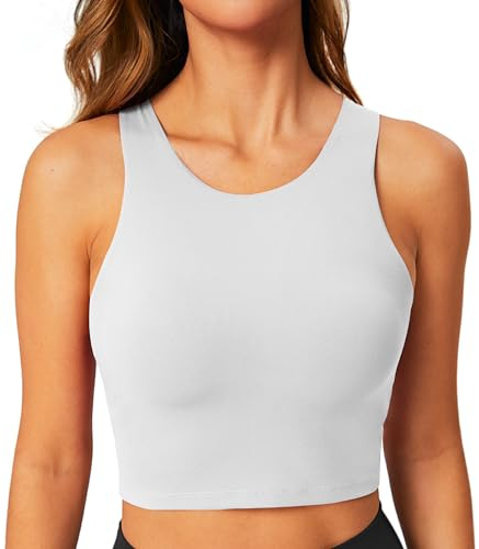 BAYDI Sport BH Damen ohne Buegel Bustier Hochgeschlossenes Crop Top Racerback Tanktops Abnehmbare Polsterung Yoga Bra Weiß