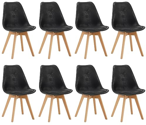 WAFTING 8er Set Esszimmerstühle mit Massivholz Buche Bein, Gummifüße und Gepolsterter Eleganter Küchenstuhl für Wohnzimmer, Esszimmer, Küchen, Schlafzimmer, Schwarz