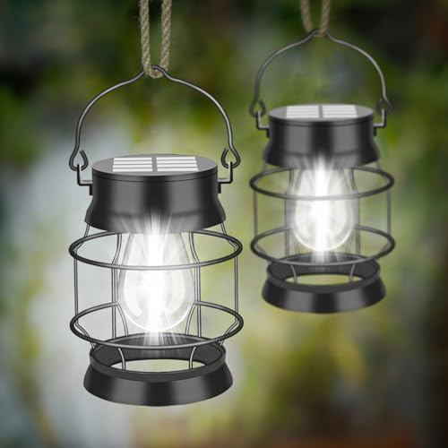Solarlampen für Außen Hängend,2 Stück Solar Laternen für Draußen Hängend mit LED-Glühbirne,IP65 Wasserdicht Metall Solarlampen für Außen den Garten Deko Patio Terrasse,Weiß