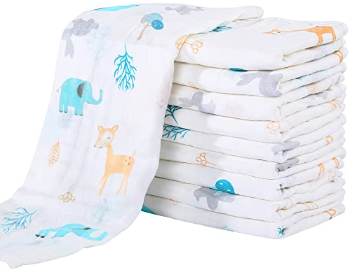 Yoofoss Mulltücher Baby 10er Mullwindeln Baumwolle Spucktücher 27x50 cm Stoffwindeln 6 Lagig Saugfähig Faltwindeln Waschlappen für Baby Neugeborene Elefant