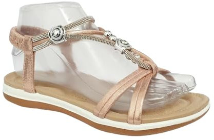 Ladies Strappy Sandals Women Elastic Diamante Sandals Women Flat Sandals Ladies Beach Shoes Ladies Open Toes Sandals Size UK 3-8 (Rose Gold, UK Numeric, 4)