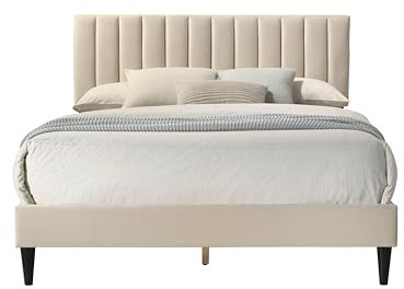 Galano Newry Upholstered Double Bed – Fabric Bed Frame with Headboard – Wooden Slat Support – Easy Assembly – Modern Bedroom Furniture (Beige)