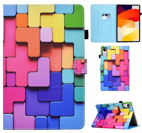Auslbin Funda de Cuero PU para Xiaomi Redmi Pad SE 11 2023 - Slim, Lightweight Stand with Auto Sleep/Wake Function, Featuring Feline Designs, Bloques