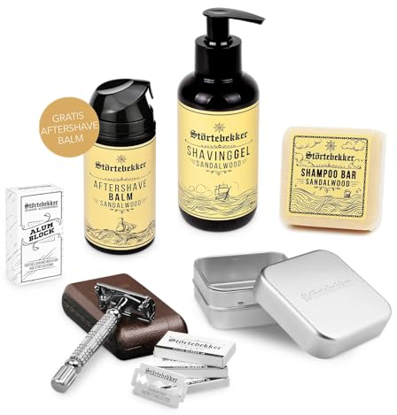 Störtebekker® Premium Shower & Shave Essential Set - Rasierset & Duschset für Herren - mit Rasierhobel (Silber/Café), Rasiergel, After Shave Balm, Alaunstein, festem Shampoo & Alu Seifendose