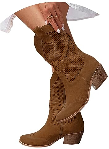 Stivali da cowboy da donna stivaletti in pelle scamosciata stivali western alti alla caviglia stivali a punta con tacco basso stivali mezze lunghezze in pelle scamosciata traforata scarpe da donna