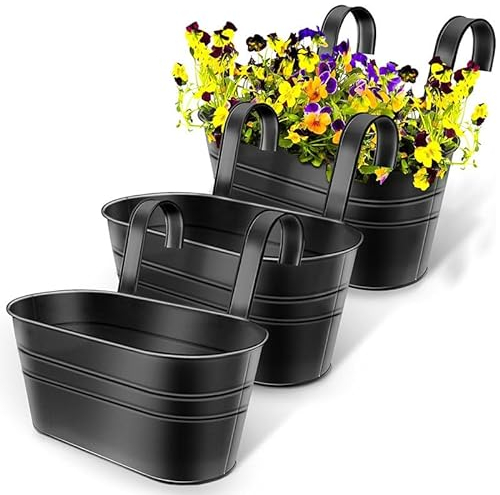 CITÉTOILE 4 Pièces Pots de Fleurs Suspendus en Métal,Pots Suspendus Balcon avec Trou de Drainage, Pots Suspendus Noir avec Crochet Amovible pour Balcon, Clôture, Jardin, Mur,Maison Décor
