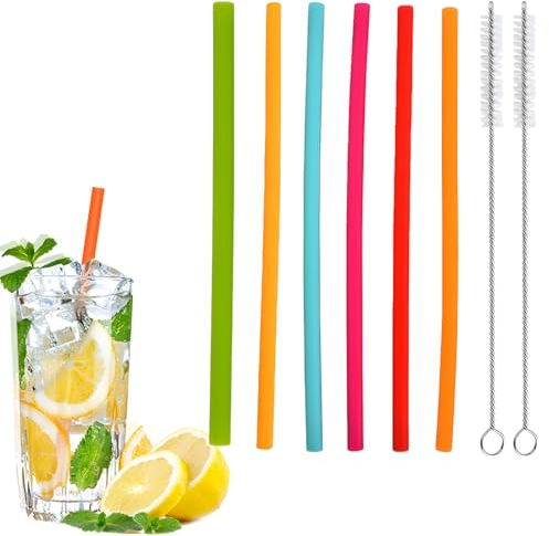 AFCJLTO Ensemble de 6 pailles en silicone réutilisables et colorées, avec 2pcs brosse de nettoyage, pour boissons telles que bubble tea, jus et soda,Dites adieu aux pailles en plastique jetables