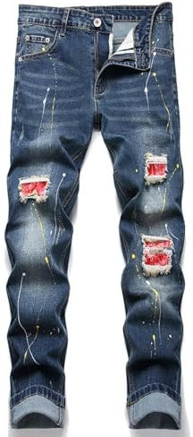 SiVaji Jean Jeans para Hombre Pantalones Nuevospantalones Largos Pantalones Vaqueros Elásticos Parche Agujero En La Rodilla para Hombre Vaqueros De Pintura De Punto para Hombre Pantalón Asia36 Azul