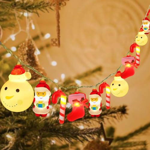 Dekorative Weihnachtslichter, 20 LED Weihnachtsbeleuchtung mit Schneemann, Weihnachtsmann und Strumpfmustern, Warmweiß, Fernbedienung/USB-Betrieben, LED Lichterkette für Weihnachtsdekoration