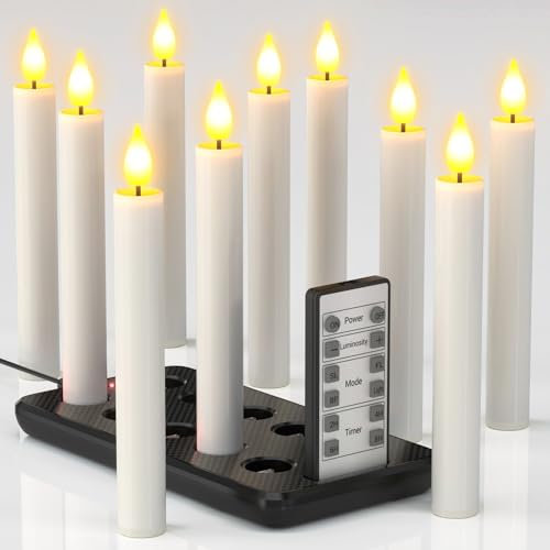 Yme LED Kerzen Aufladbar mit Fernbedienung Timer, 10er Elektrische Wiederaufladbare Kerzen LED Stabkerzen Flackernd mit Timerfunktion und Ladestation für Zimmer Tisch Halloween Party Deko Weihnachten