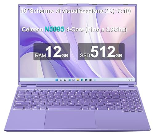 PC Portatile 16 Pollici Laptop Notebook Celeron N5095 (fino a 2.9Ghz), Win 11 Portatile 12+512GB 1TB SSD Espansione丨Ventola di Raffreddamento丨Supporto 5G WIFI丨1920 * 1200 2K Schermo Doppio-Viola