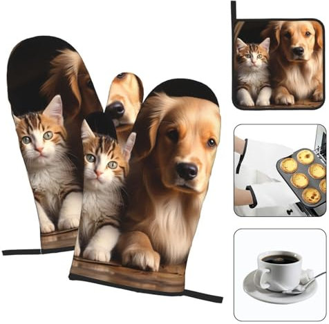 Ofenhandschuhe und Topflappen, 3 Stück, hitzebeständiger Ofenhandschuh Hund und Katze, Ofenhandschuh, rutschfeste Ofenhandschuhe zum Kochen, Küche, heiße Pads zum Grillen, Mikrowelle, Backen, BBQ