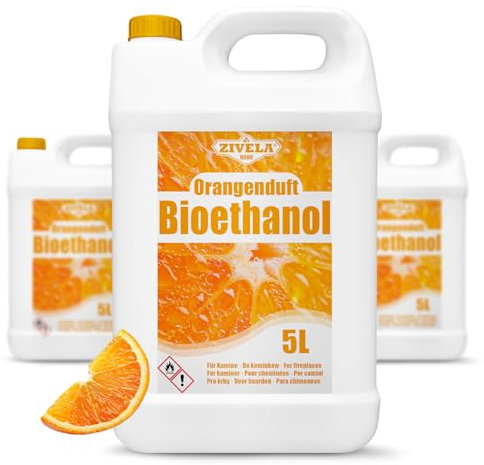 ZIVELA Bioéthanol 96,6 % 15 l | Alcool bio parfum orange 96,6 % 3 x 5 l | Cheminée au bioéthanol | Parfum orange | Combustion propre, sans fumée, flamme vive et stable