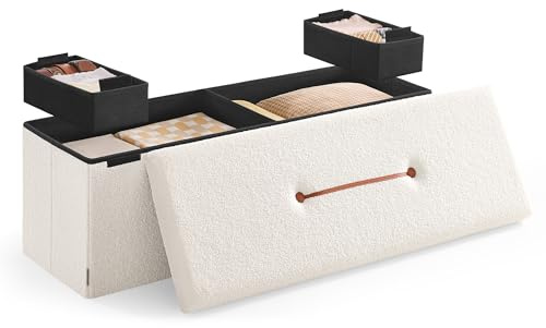 SONGMICS Storage Ottoman Bench, Storage Chest, 15 x 43 x 15 Inches, Foot Rest Stool, End of Bed Bench, Load up to 660 lb, for Living Room, Bedroom, Entryway, Cream White ULSF097W01