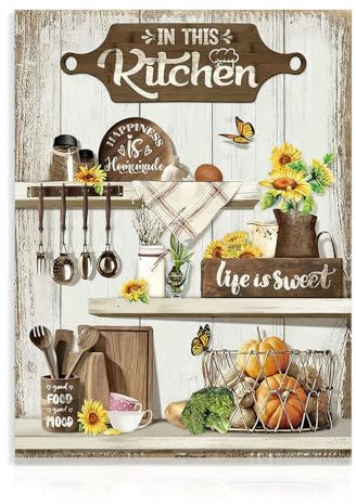 Dazzlewall Rustikales Küchen Leinwand Bild, Schmetterling Gemüse Sonnenblume Wandbild, Küche Zitate Poster für Restaurant Speisesaal Dekor 30x40 cm Ungerahmt
