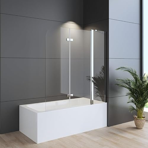 Duschwand für Badewanne 160 x 140 cm 3-teilig Faltbar, Duschtrennwand mit festem Segment Badewannenaufsatz mit 6mm ESG Nano Beschichtung Sicherheitsglas, Easy-Clean Glas Duschabtrennung