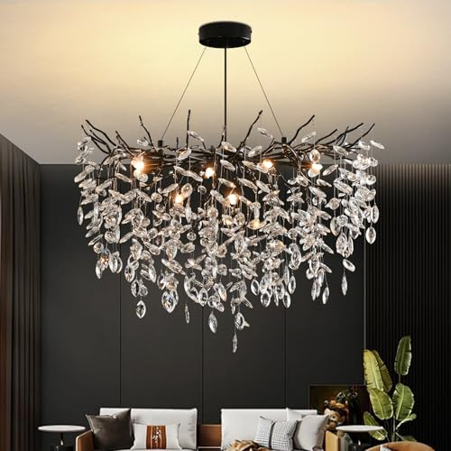 Modern Kronleuchter Kristall Schwarz, Große Luxus Raindrop Pendelleuchte, Rund Kristall Hängeleuchte Light Fixture, Luxury Tree Branch Kronleuchter für Kücheninsel, Esszimmer, 80cm