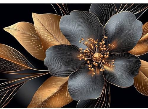 DAERLE Goldene Blumen Diamant Painting Bilder für Erwachsene Anfänger, 5D Blattgold Diamond Painting Set, DIY Strass Bilder Diamant Kunst Kits, Diamant Painting für Zuhause Dekor 40x30 cm