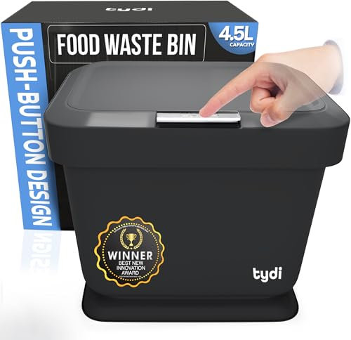 Tydi 4.5L Kitchen Compost Bin (1 Pack) – Food Waste Caddy with Lid – Small Indoor Waste Bin for Countertop or Cupboard – Press Button Design with Anti-Slip Base - Black