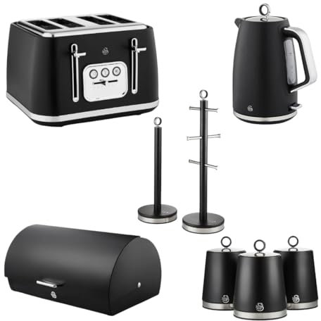 Swan Serenity Jug Kettle, 4 Slice Toaster, Bread Bin,Tea Coffee Sugar Canisters, Towel Pole & Mug Tree Matching Matte Kitchen Set (Black)