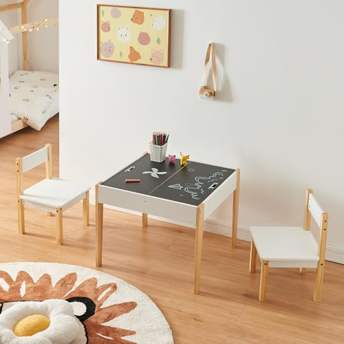 [en.casa] Kindertisch mit 2 Stühlen Smedjebacken mit Tafel Maltisch mit abnehmbaren Tischplatten Tafeltisch Kinderstühle Kindersitzgruppe Spieltisch Holz Weiß