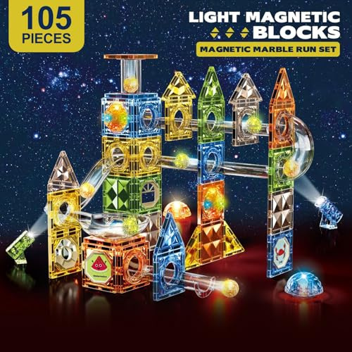 Dilhvy Magnetische Bausteine 105 Teile mit Magnet Kugelbahn Bunt, Magna Tiles - Montessori Konstruktions Spielzeug, Besten Kinderspielzeug Geschenke für Jungen & Mädchen ab 5 6 7 8 9 10+Jahre