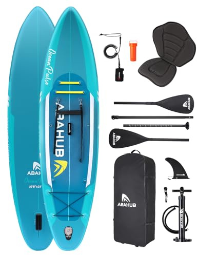 Abahub SUP Board aufblasbar,320x78x15cm Stand Up Paddling Board Set, Blau/Grün/Orange/Rot Standup Paddle Board mit verstellbarem Aluminiumpaddel,Kajak Sitz,für Kajakfahren, Angeln (Grün