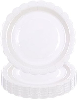 Lot de 50 Assiette Carton Blanc de 18 cm, Festonnées Assiette Jetable Vaisselle Jetable Anniversaire Pour Gâteaux Desserts Anniversaires Baby Showers Mariages Décorations (Blanc, 18cm)