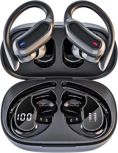TRAUSI Wireless Earbuds Bluetooth Headphones, Bluetooth 5.3 Stereo Over Ear Buds,Noise Cancelling Mic, IPX7 Waterproof Headset for Workout/Running,Black