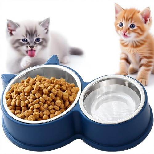 Doppel-Set Katzennapf aus Edelstahl, rutschfeste Unterseite, spülmaschinenfest – für Trocken- und Nassfutter, niedliches Katzen-Design in leuchtenden Farben (Blue)