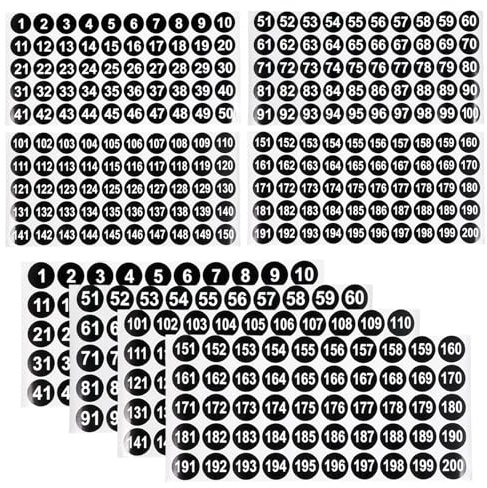 Larrel 12 fogli di adesivi con numeri da 1 a 200, 2,5 cm, colore nero, numero adesivo, impermeabile, in vinile, numero sequenziale, per la conservazione, classificazione