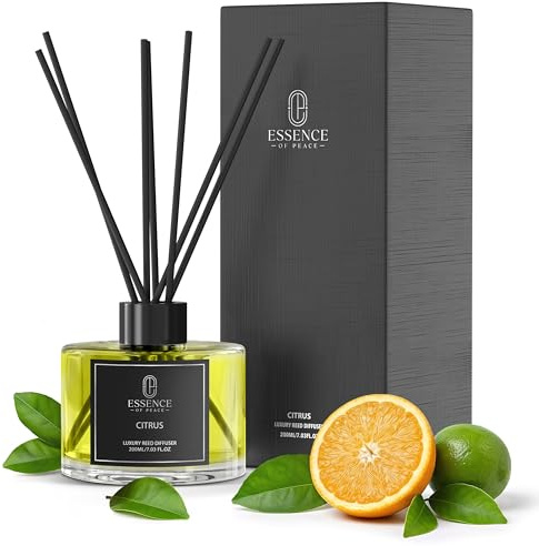 Reed Diffuser 200ml, Citrus, Long Lasting Home Fragrance, Essential Oils | 200ml, 10-12 weeks lasting, 8 black fibre reeds, clear glass bottle, black gift box, flame-free, pet-friendly
