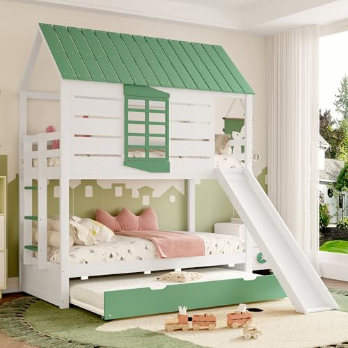 Oxtao Hochbett 90x200CM, Ausziehbett, Haus-Etagenbett mit Rutsche & Fenster & Leiter, Kinderbett mit Rausfallschutz, Holzbett mit Lattenrost, Kiefer, Ohne Matratze, Weiß (Weiß mit Ausziehbett)