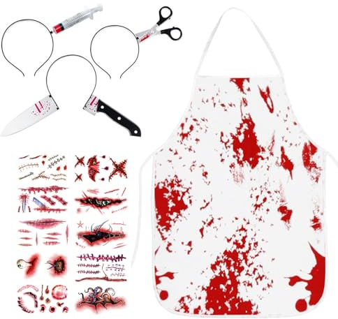 NVTRSD 3 Stück Halloween Haarreif + Blutige Metzger-Schürze + 10 Realistische Narben-Tattoos | Halloween Party Requisiten, Horror Accessoires für Erwachsene Party