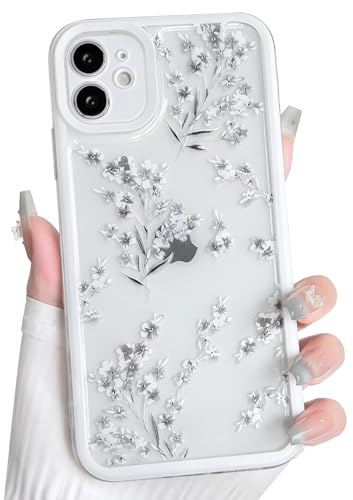 NITITOP Kompatibel mit iPhone 12 Mini Hülle Süßes Durchsichtig Blume Muster für Mädchen Frauen Niedliche Klares Blumenzweig-Design Weiches TPU Bunter Rahmen Vollkamera Stoßfest Handyhülle - Weiß