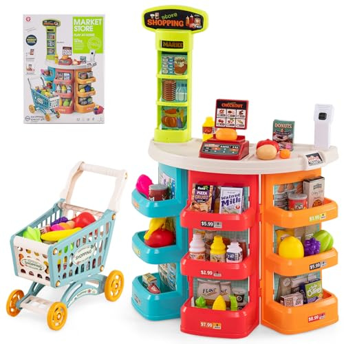 COSTWAY Cassa Gioco Supermercato per Bambini, Supermercato Giocattolo con Carrello della Spesa, Registratore di Cassa, Scanner, Luci e Suoni, Gioco di Ruolo con 29 Accessori (Blu)