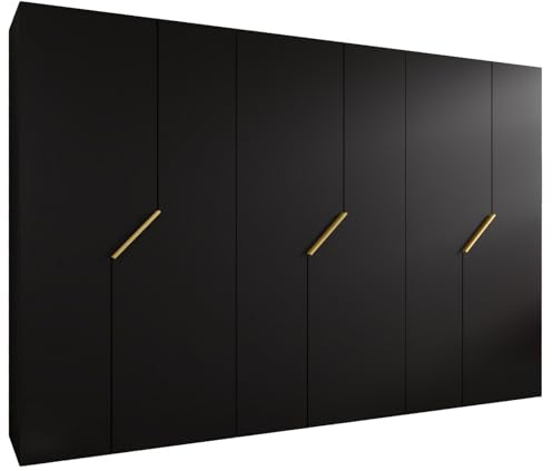 MEBLE KRYSPOL - Kleiderschrank - Garderobenschrank - 300 cm x 202 x 52 cm - Schrank mit Kleiderstange, 6 Türen - für Schlafzimmer, Flur - Andrew, Schwarz, Griff Gold