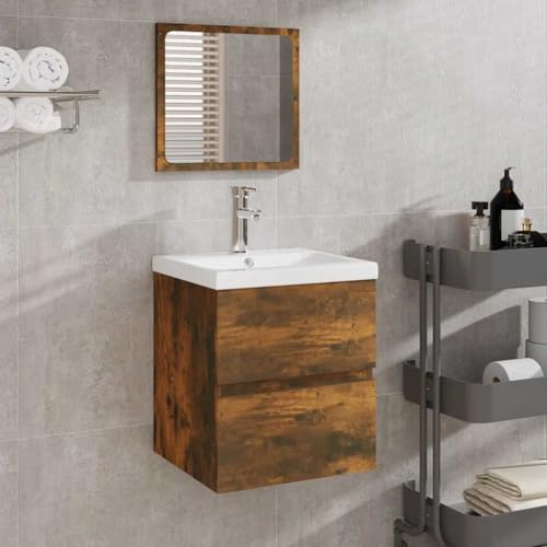 Mokuyary Meuble de lavabo avec miroir de salle de bain - Chêne fumé - Miroir de salle de bain moderne - Pour petites salles de bains dans les hôtels, les appartements