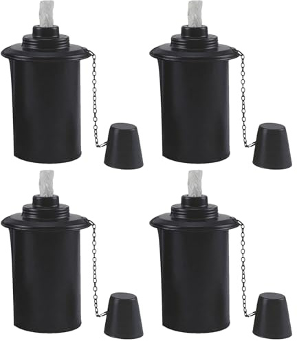 Juego de 4 recipientes de repuesto para antorchas de jardín, 350 ml, recipientes rellenables con y tapa, latas de combustible de metal para antorchas de bambú y lámparas de al aire libre