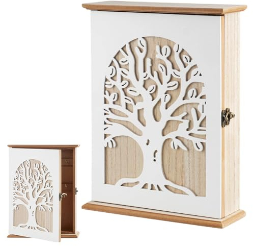burkfeeg Schlüsselkasten Holz, Vintage Schlüsselschrank mit 6 Haken Weiß | Lebensbaum Schlüsselbox mit Schlüsselhaken, Schlüsselablage Wandorganizer Deko Schlüsselhalter für Eingang, Flur, Büro