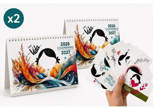 MUXOTE - Calendario de Sobremesa, Mesa y Escritorio 2026 2027, 18 Meses Julio 2026-Diciembre 2027, A5 Apaisado, Curso Escolar, Frases Bonitas, Regalo con 15 Tarjetas Emocionales Dobles por Unidad (2)