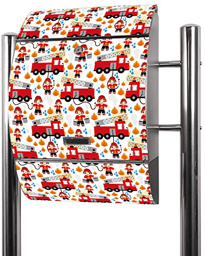 banjado® Standbriefkasten Edelstahl mit Zeitungsfach Motiv Feuerwehr/Briefkasten mit Standfuß & Namensschild/Edelstahl Briefkasten/Postkasten A4 Einwurf inkl. Montagematerial & 2 Schlüssel