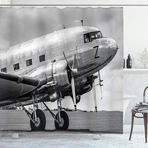 ABAKUHAUS Vintage Avion Rideau de Douche, Old Airliner, Tissu Ensemble de Décor de Salle de Bain avec Crochets, 175 cm x 180 cm, Gris Noir