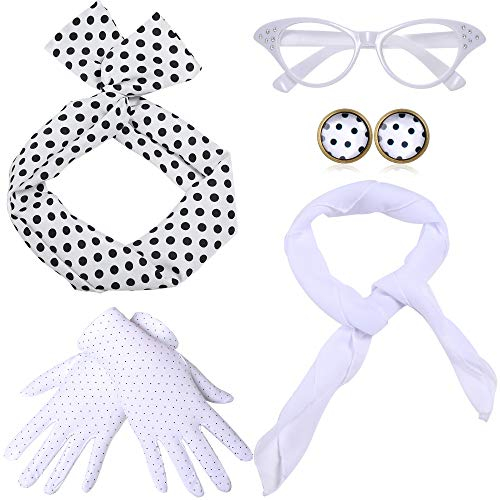 Coucoland 50er Jahre Rockabilly Kostüm Accessoires Damen 1950s Zubehör Set Inklusive Polka Dots Bandana Haarband Ohrringe Handschuhe Katzenaugen Sonnenbrille Chiffon Schal (Weiß)