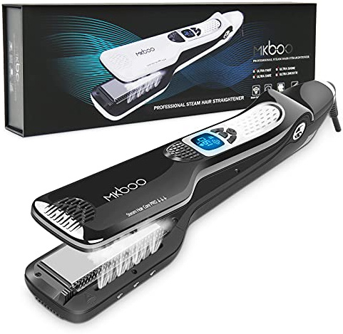 MKBOO Hair Straightener with Steam, Salon Professional Nano Titanium Ceramic Steam Flat Iron with Removable Comb+Digital LCD+5 Level Adjustable Temperature+Auto Temperature Lock Black