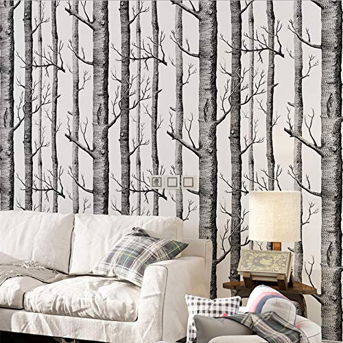Rouleau de papier peint intissé moderne et minimaliste style arbre campagnard pour décoration de la maison Noir/blanc 0,53 m x 10 m = 5,3 m²