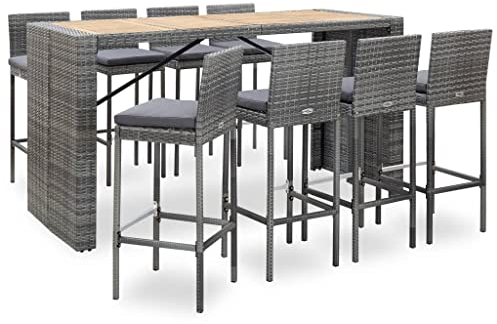 vidaXL Akazienholz Gartenbar Set 9-TLG. Theke Bar Tresen Gartentheke Bartisch Stehtisch Barhocker Barstuhl Gartenmöbel Poly Rattan Grau