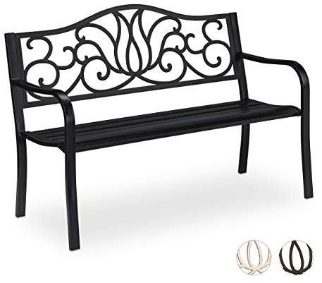 Relaxdays Gartenbank Antik für 2 Personen, Balkon, Terrasse, Metallbank HBT 90x127,5x63 cm, Stahl, Guss, schwarz