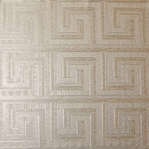Arthouse Gold Champagne Textured Vinyl Greek Key Foil with Metallics Wallpaper - Hard Wearing - Any Room Including Bathroom - Kitchen - Hallway - Bedroom - Full Roll 10.05m (L) X 53cm (W) 298100