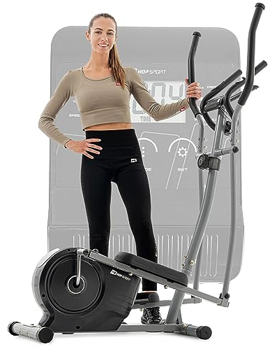 Hop-Sport Crosstrainer HS-2050C, Ellipsentrainer mit LCD-Display & Pulsmessung, leiser Crosstrainer für Zuhause - Magnet-Bremssystem & Transportrollen Silber